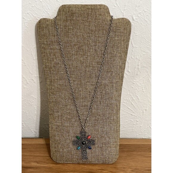 Avon Jewelry - Vintage AVON Necklace Silver Tone Filigree Cross Pendant Colorful Beads
